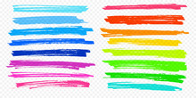 Highlight Brush Underline Hand Drawn Strokes Set. Vector Marker Or Color Pen Lines In Yellow, Red, Orange, Green, Blue Highlighter Strokes On Transparent Background