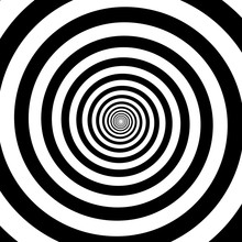Hypnotic Circles Abstract Vector Optical Illusion Spiral Swirl. Hypnotize Circular Pattern Background Of Black And White Rotating Circles Or Psychedelic Hypnosis Lines In Hypnotic Motion