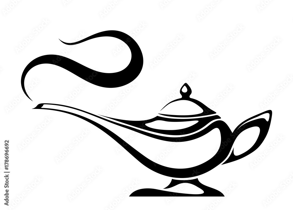 Vector black silhouette of an Arabic genie lamp isolated on a white background. - obrazy, fototapety, plakaty 