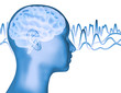 Person face profile and brain waves on white background.