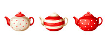 Vector Set Of Three Red And White Porcelain Teapots Isolated On A White Background.