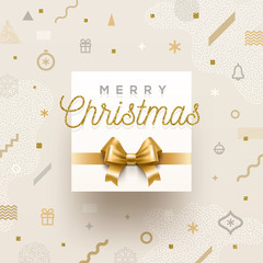 Christmas holiday design - golden greeting and glitter gold bow on a abstract christmas background. Vector illustration.