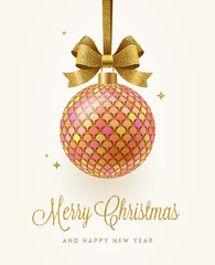 Wall Mural - Christmas greeting card - ornate Christmas ball with glitter gold bow on a white background. Vector illustration.