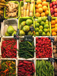 Fruit basket at the Barcelona market with different types of vegetables and fruits