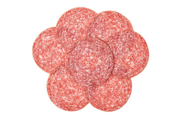 Sliced summer sausage salami isolated on white background, top view.