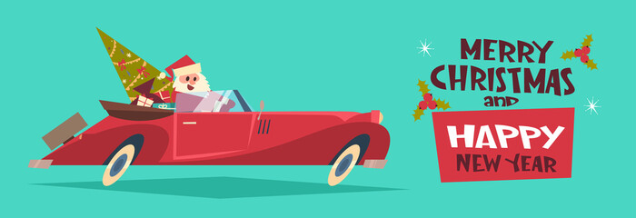 Merry Christmas And Happy New Year Poster Background Santa Driving Retro Car With Green Tree And Presents Horizontal Banner Flat Vector Illustration