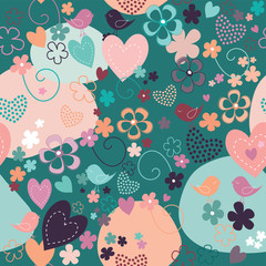 Wall Mural - Whimsical seamless background with cute birds flowers and hearts