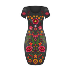 Wall Mural - Fashion dress template with floral embroidery elements.