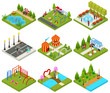 City Public Park or Square Objects Set Icons 3d Isometric View. Vector