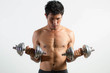 © i am way - Man muscle strong fitness with dumbbells isolated on white background