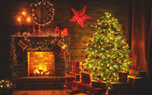 Interior Christmas. Magic Glowing Tree, Fireplace Gifts In  Dark