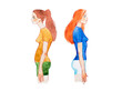 Watercolor illustration of people with right and wrong posture. Woman with normal healthy spine and abnormal sick spine in comparison.