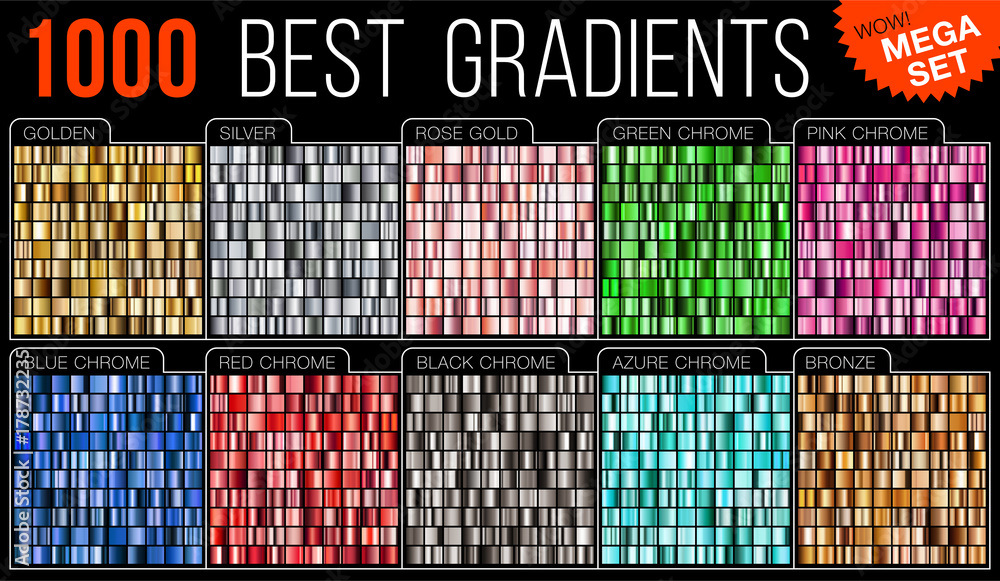 Vector mega set of gradients. Big collection colorful metallic gradient illustration. Gold, silver, blue, red, pink, green, azure, bronze. - obrazy, fototapety, plakaty 