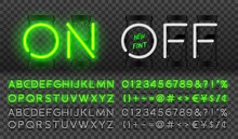 Big Green Neon Set, Glowing Alphabet, Vector Font. Glowing Text Effect. On And Off Lamp. Neon Numbers And Punctuation Marks. Isolated On Transparent Background.