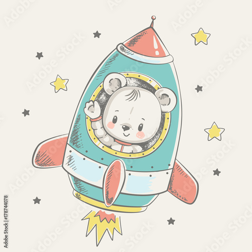 Fototapeta na szkło Cute little bear flying in a rocket cartoon hand drawn vector illustration. Can be used for baby t-shirt print, fashion print design, kids wear, baby shower celebration, greeting and invitation card.