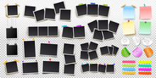 Big Set Of Square Vector Photo Frames On Sticky Tape, Pins And Rivets, And Office Paper Sheets Or Sticky Stickers With Shadow. Vector Illustration. Isolated On Transparent Background