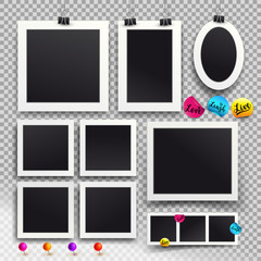 Wall Mural - set of square vector photo frames on sticky tape, pins and rivets. template photo design. vector ill