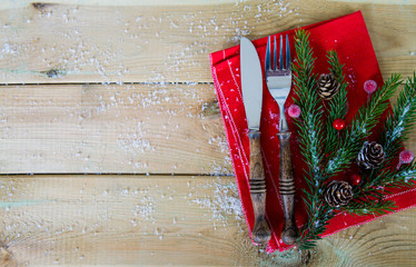 Wall Mural -  cutlery for Christmas lunch on wood