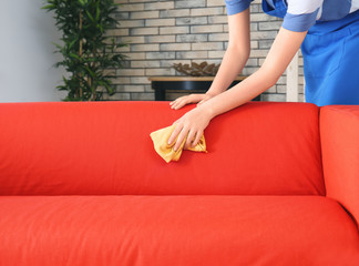 Wall Mural - Woman cleaning couch with duster at home