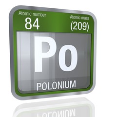 Wall Mural - Polonium symbol  in square shape with metallic border and transparent background with reflection on the floor. 3D render. Element number 84 of the Periodic Table of the Elements - Chemistry 