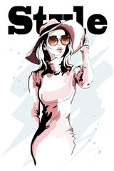 Wall Mural - Beautiful young woman in hat. Hand drawn woman portrait. Sketch. Vector illustration.