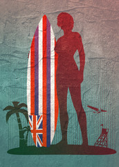 Wall Mural - woman posing with surfboard. human silhouette. vintage surfing graphic and emblem for web design or 