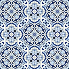 Gorgeous seamless pattern white blue Moroccan, Portuguese tiles, Azulejo, ornaments. Can be used for wallpaper, pattern fills, web page background,surface textures.