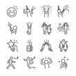 Happy line icon set. Included the icons as fun, enjoy, party, good mood, celebrate, success and more.