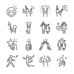happy line icon set. included the icons as fun, enjoy, party, good mood, celebrate, success and more