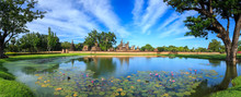 Sukhothai Historical Park At Day Time, Sukhothai Province. Located In A Beautiful Setting Of Lawns, Lakes And Trees In North-central, Thailand
