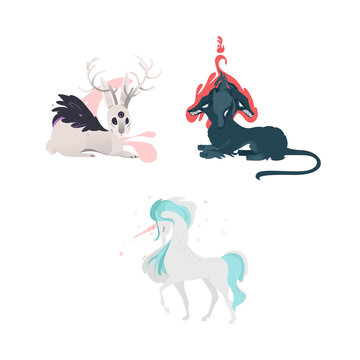 vector flat mythical animals set. Elegant unicorn fairy fictional horse with horn, three eye hare with wings and horns and cerberus dog with three heads. Isolated illustration on a white background.