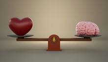 Brain And Heart On A Wooden Balance Scale.