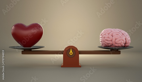 Fotografía Brain and heart on a wooden balance scale.