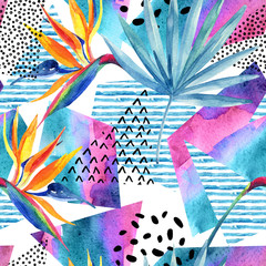 Poster - Watercolor tropical flowers on geometric background with doodles.