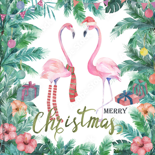 Christmas tropical frame. Watercolor palm tree, flamingo. Hand drawn illustra...