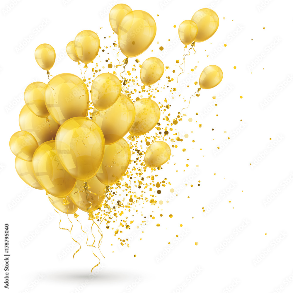 Goldene Luftballons mit Konfetti  - obrazy, fototapety, plakaty 