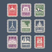 Collection Of Stamps From Different Countries With Architectural Landmarks, Vector Illustrations, City Stamps With Symbols