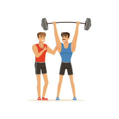 Wall Mural - Professional fitness coach and bodybuilder man exercising with barbell, people exercising under control of personal trainer vector Illustration