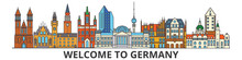 Germany Outline Skyline, German Flat Thin Line Icons, Landmarks, Illustrations. Germany Cityscape, German Vector Travel City Banner. Urban Silhouette