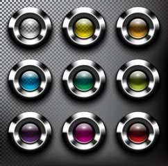 Wall Mural - abstract metallic web buttons set of 9. round glass web icons with chrome frame. isolated with reali