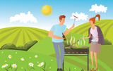Fototapeta Sport - People on picnic or Bbq party in rural landscape. Young Man and woman cooking steaks and sausages on grill. Vector illustration.