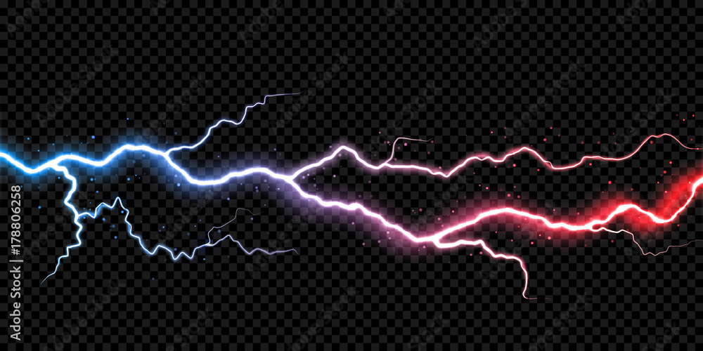 Lightning electric thunder storm light flash. Vector realistic lightning rain weather thunderbolt on black transparent background. Neon color energy electricity light flash or spark burst effect - obrazy, fototapety, plakaty 