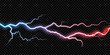 Lightning electric thunder storm light flash. Vector realistic lightning rain weather thunderbolt on black transparent background. Neon color energy electricity light flash or spark burst effect