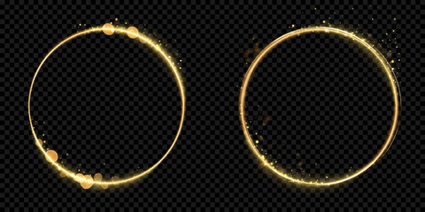 Wall Mural - Golden circle frame of gold glitter light particles. Vector shiny sparkling round line circles with glowing magic neon light effect on black banner background