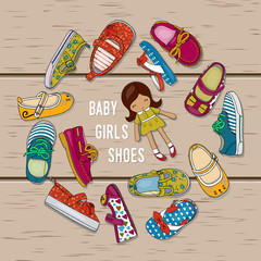 Illustration of shoes for girls and doll arranged in a circle