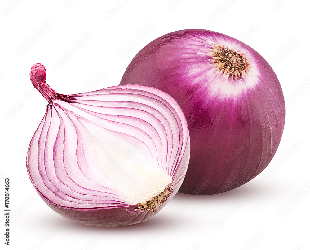 Red onion with cut in half isolated on white background. - obrazy, fototapety, plakaty 
