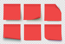 Red Post Note Set Vector. Notes With Curled Corners Isolated On Transparent Background. Sticky Note Collection.