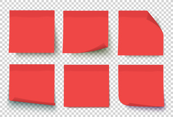 Red post note set vector. Notes with curled corners isolated on transparent background. Sticky note collection.