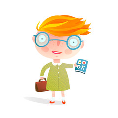 Wall Mural - Cute schooler reading book holding a bag. Vector cartoon.