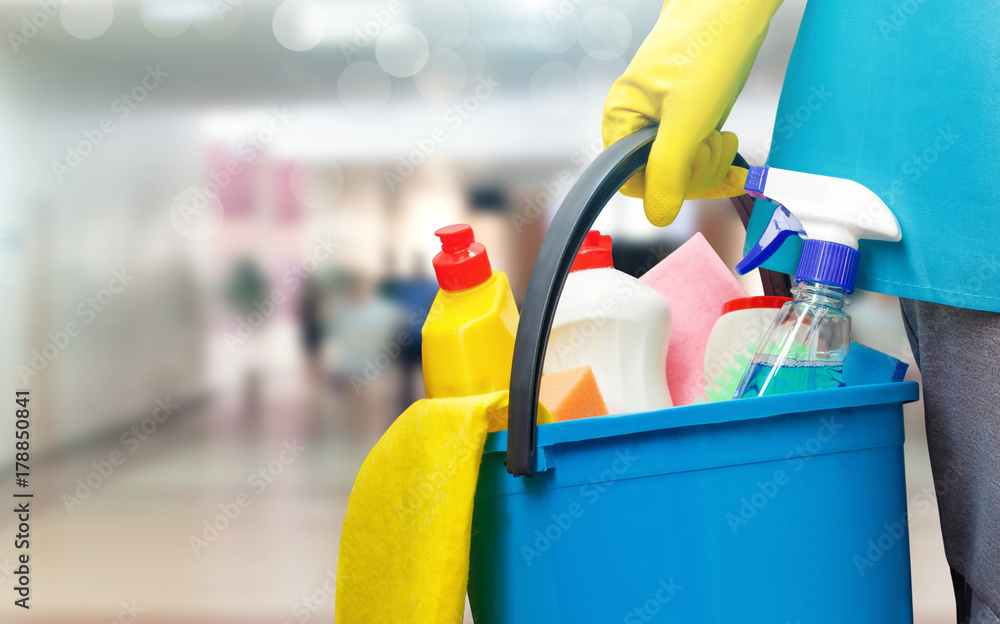 Cleaning lady with a bucket and cleaning products . - obrazy, fototapety, plakaty 